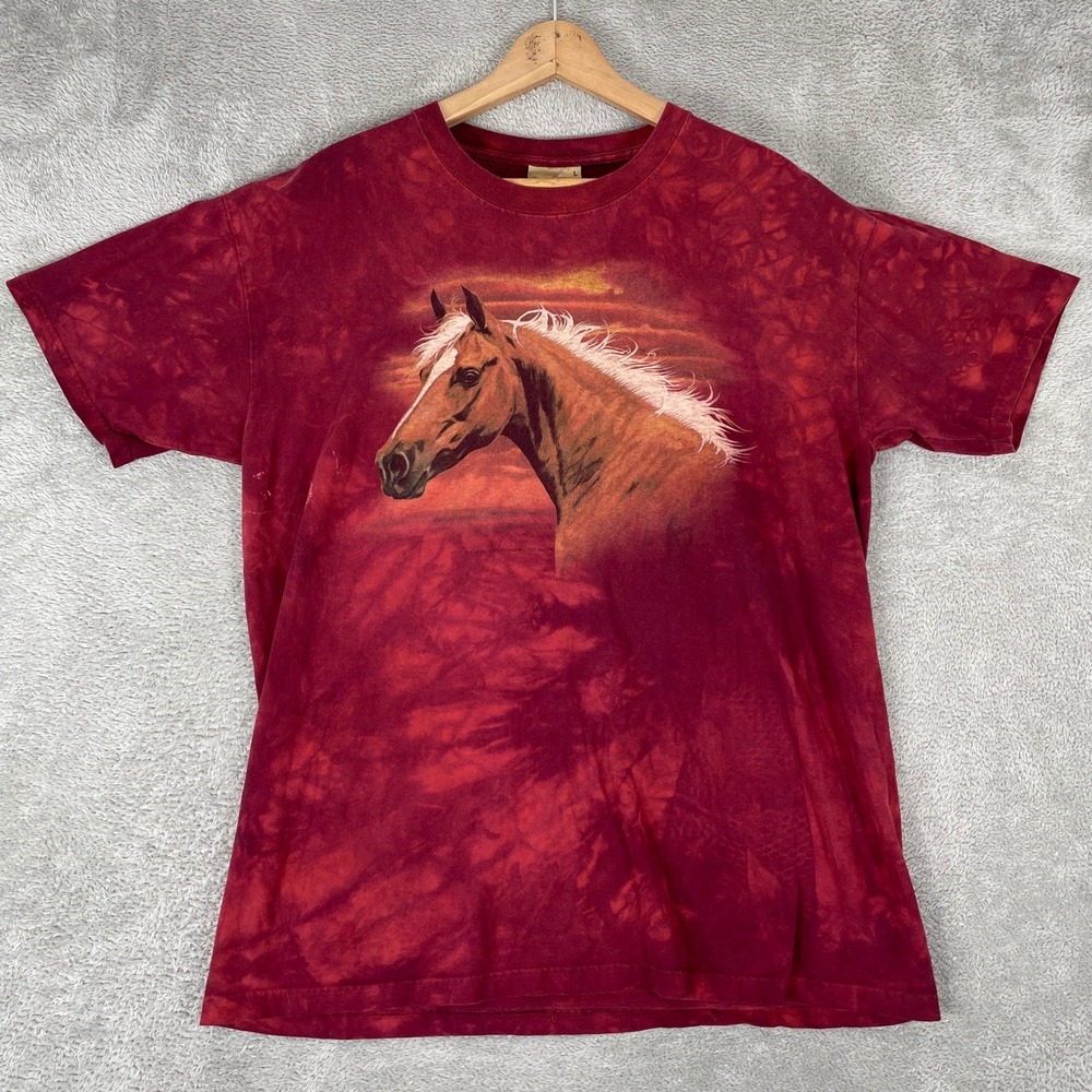 Vintage The Mountain Horse Shirt Mens Large Red Tie Dye Graphic Y2K Nature Tee